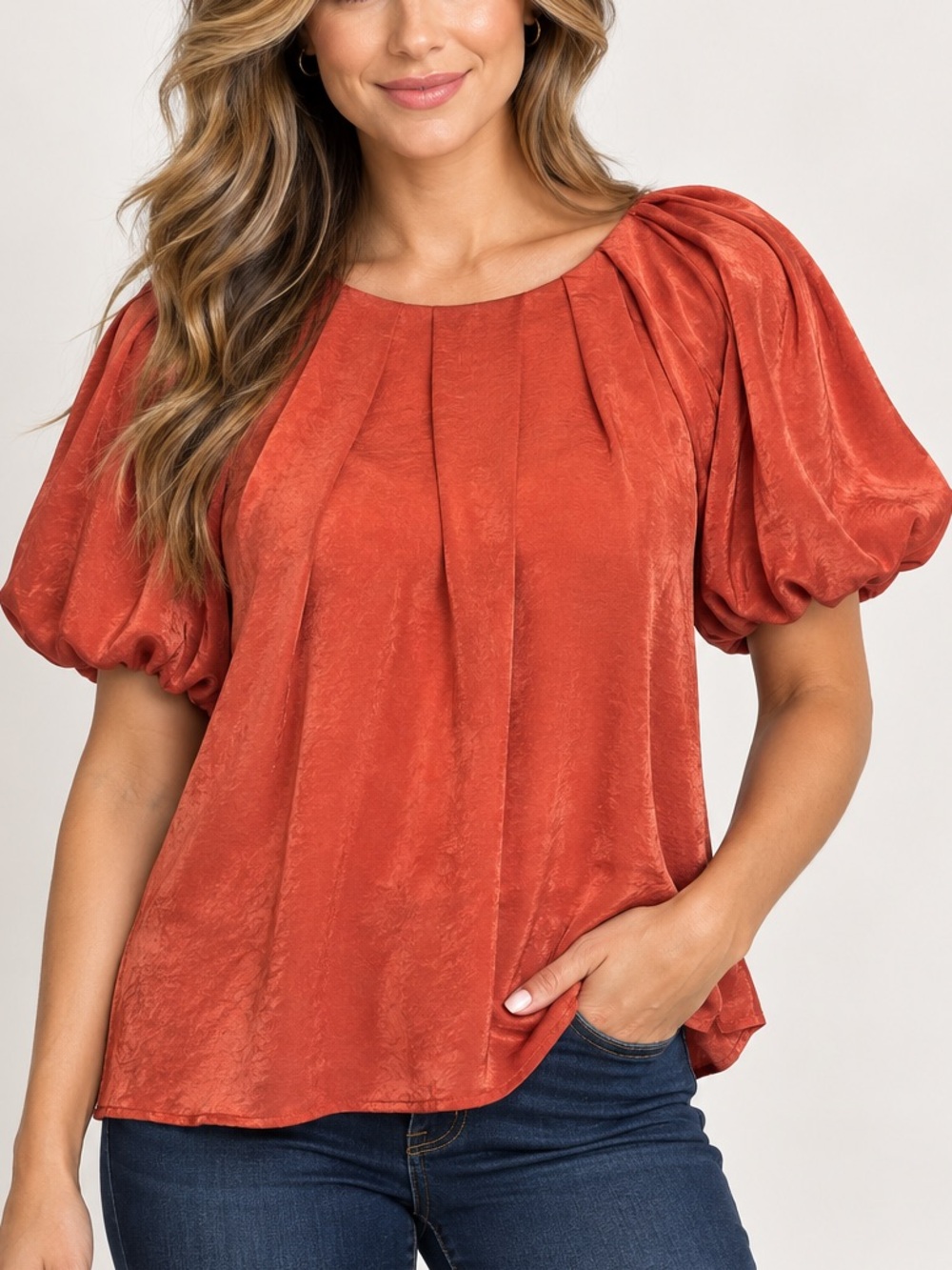 Umgee Rust Orange Pleated Puff Sleeve Blouse Size S